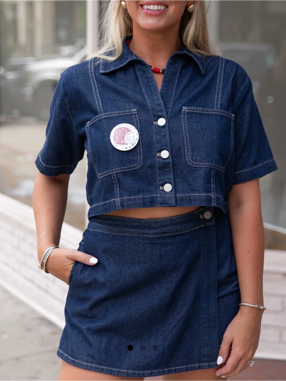 Denim Crop Button-Front Top - Dark Blue